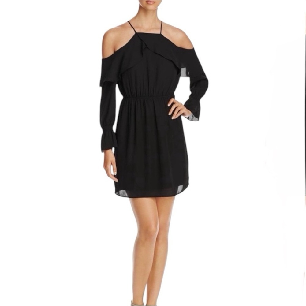 NWT Daniel Rainn Cold Shoulder Mini Dress Long Sleeve Ruffles Black Size Small
